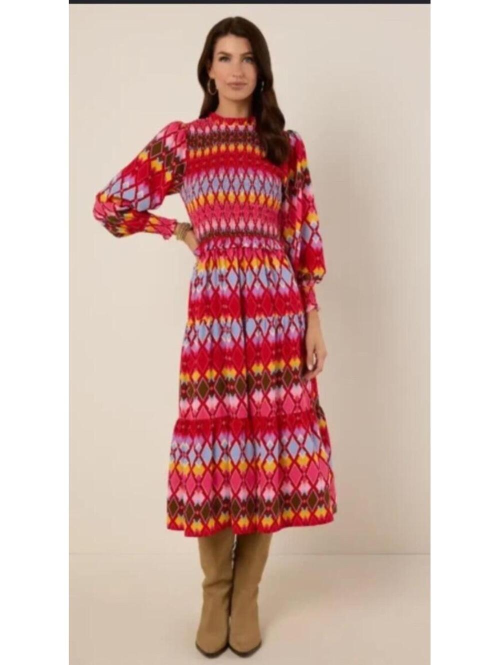 AVARA Smocked Puff Sleeve Diamond Pattern multicolor Midi Dress. Size M. $98